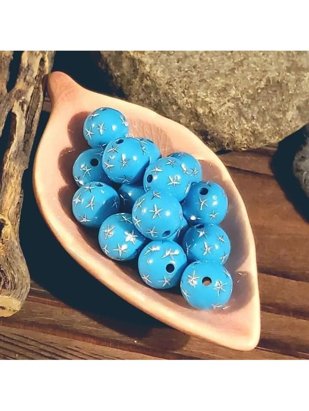 10 Vintage Retro Turquoise Silver Stars 12mm Round Acrylic Shabby Chic Beads